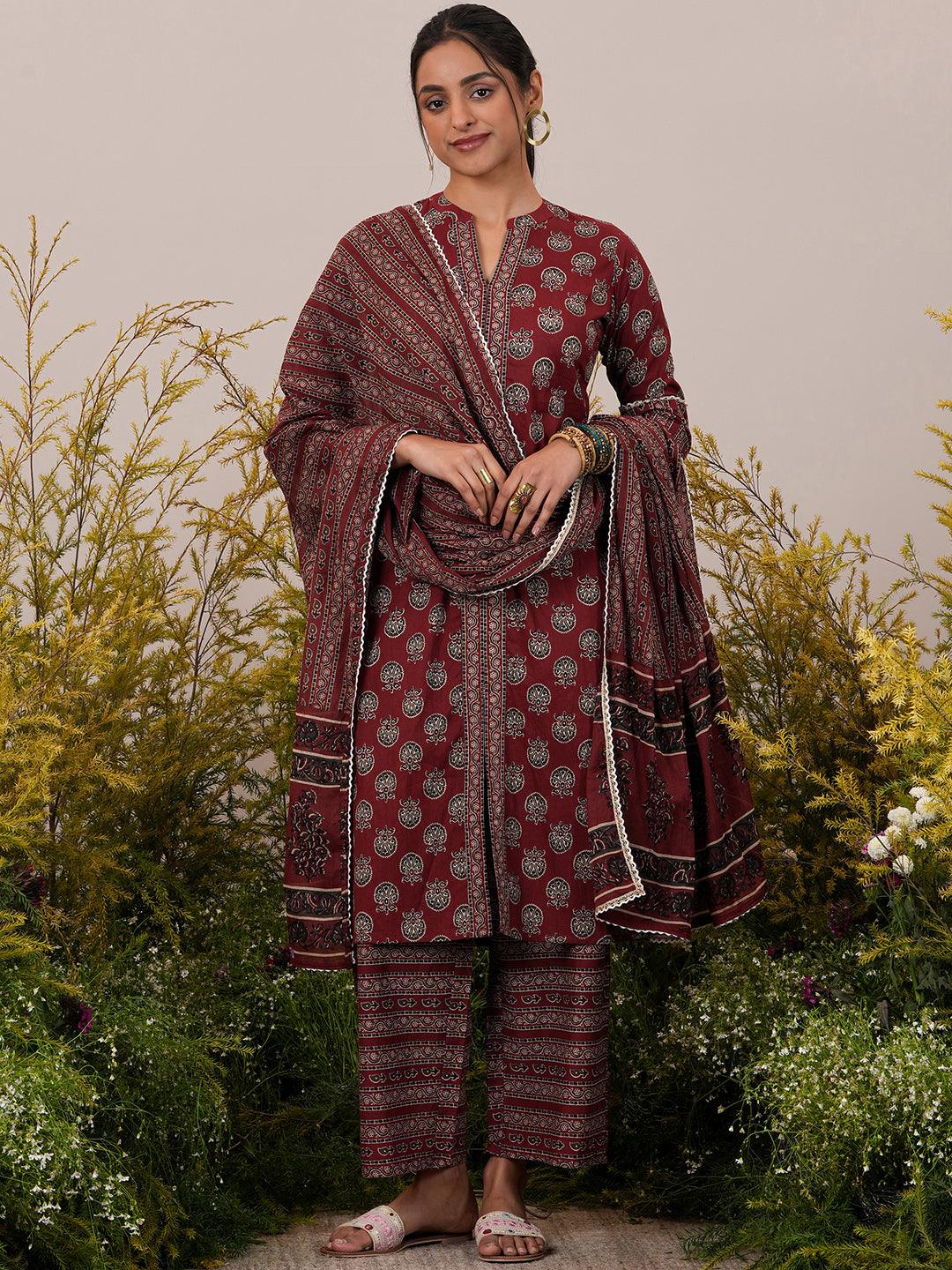 Maroon Printed Cotton Straight Suit With Dupatta - Jashvi