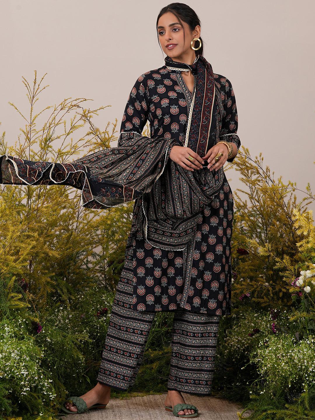 Black Printed Cotton Straight Suit With Dupatta - Jashvi