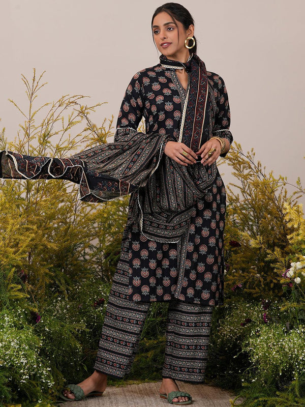 Black Printed Cotton Straight Suit With Dupatta - Jashvi