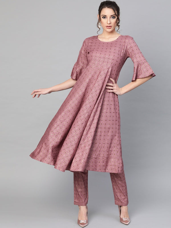 Women's  Mauve & Golden Printed A-Line Kurta - AKS