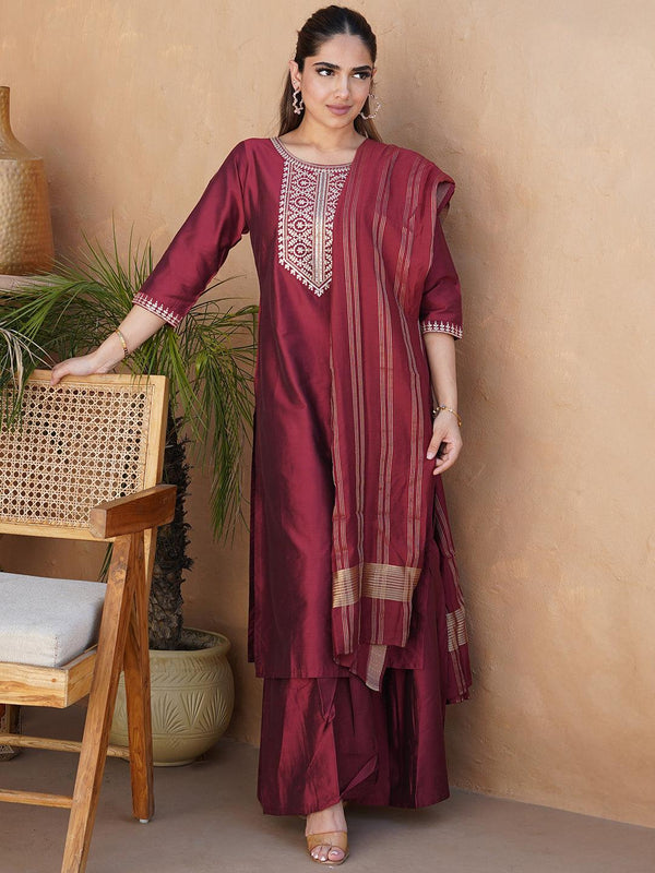 Rust Yoke Design Silk Blend Straight Suit With Dupatta - Jashvi