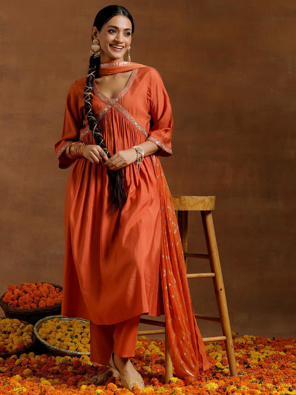 Rust Solid Silk Blend A-Line Kurta With Trousers & Dupatta - Jashvi