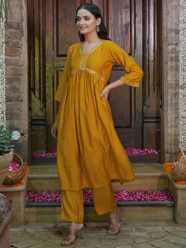 Mustard Solid Silk Blend A-Line Kurta With Trousers