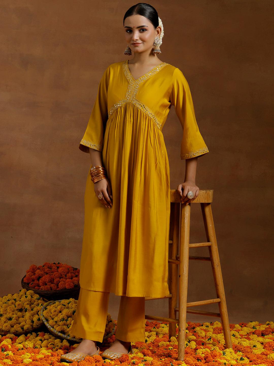 Mustard Solid Silk Blend A-Line Kurta With Trousers - Jashvi