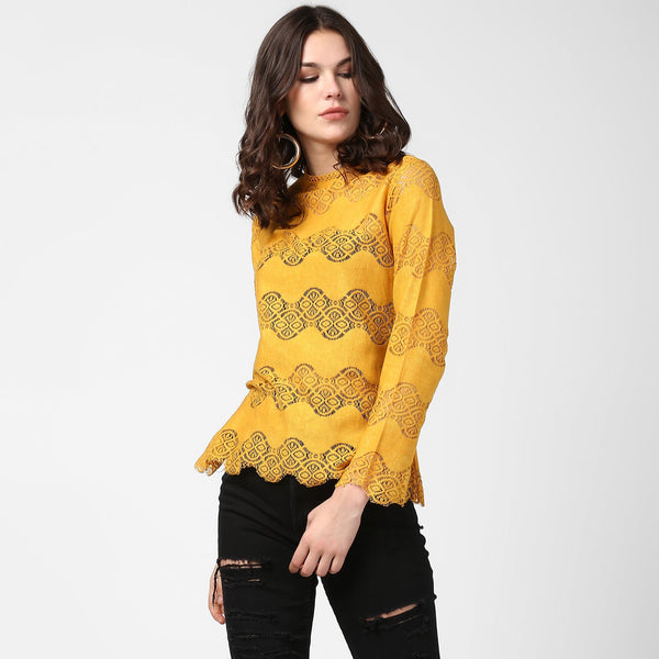 Women's Mustard Yellow Self Detail Lace Top - StyleStone