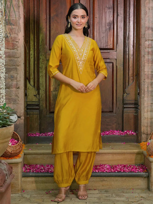 Yellow Yoke Design Silk Blend Straight Kurta Set