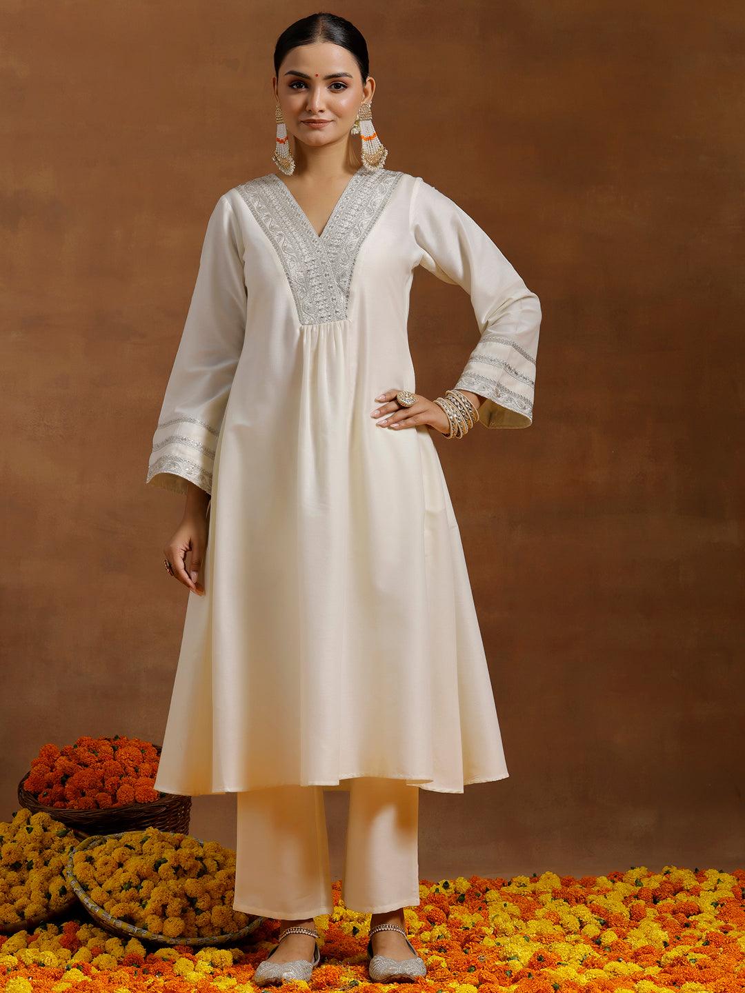 Off white Yoke Design Silk Blend A-Line Kurta With Trousers - Jashvi