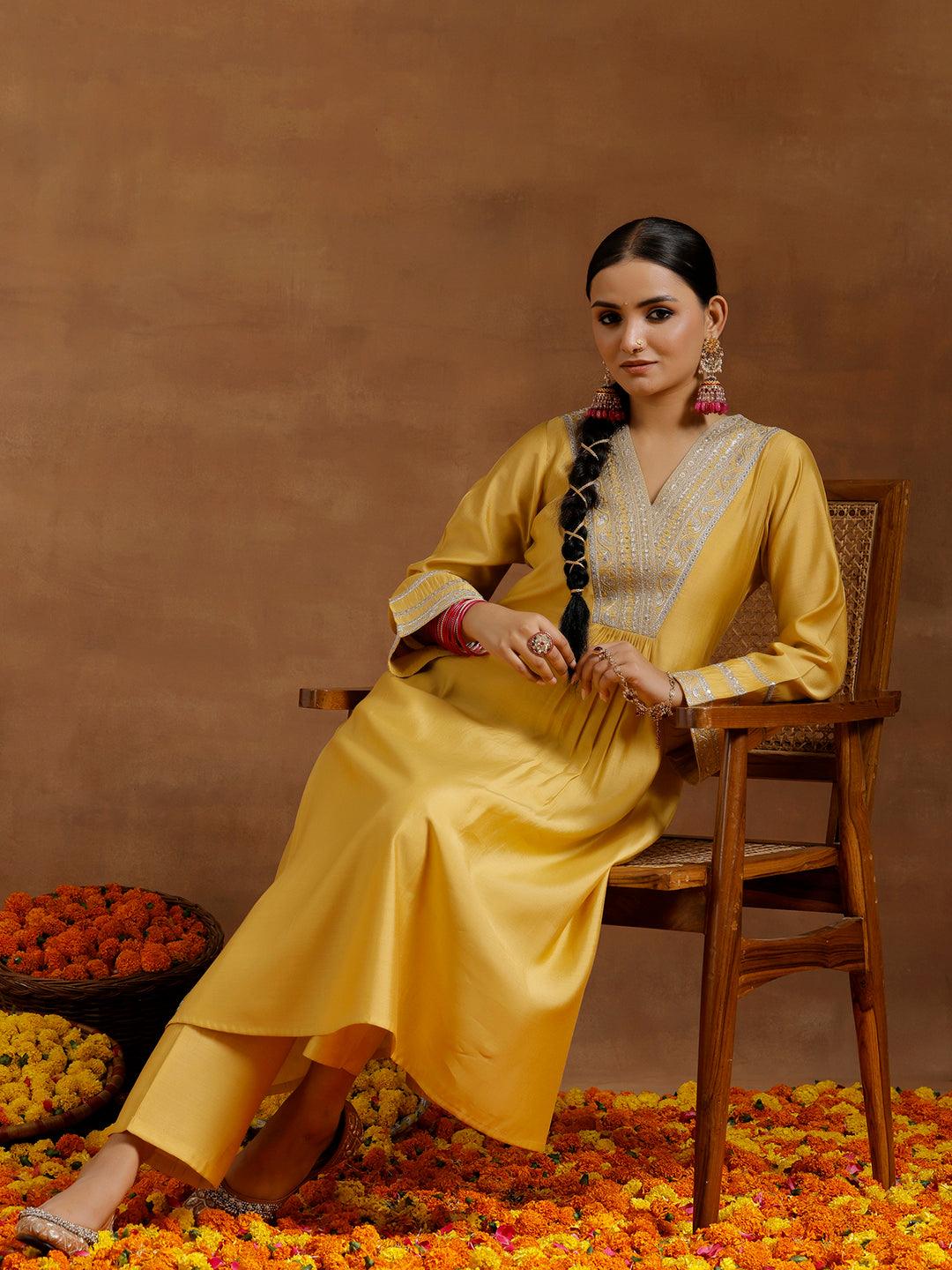 Yellow Yoke Design Silk Blend A-Line Kurta With Trousers - Jashvi