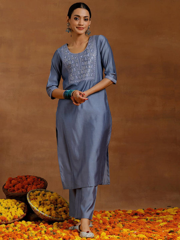 Grey Yoke Design Silk Blend Straight Kurta Set - Jashvi