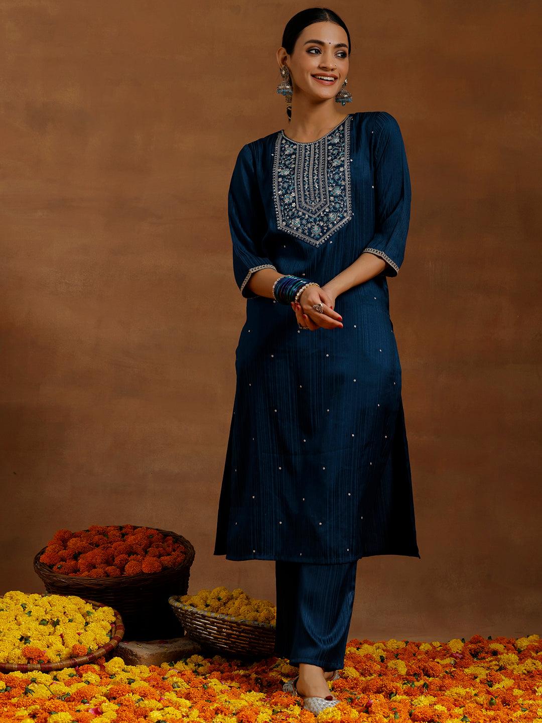 Blue Embroidered Silk Blend Straight Kurta Set - Jashvi