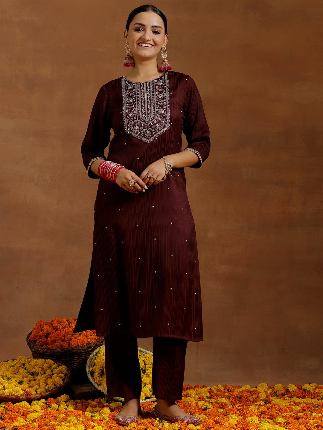 Maroon Embroidered Silk Blend Straight Kurta Set - Jashvi