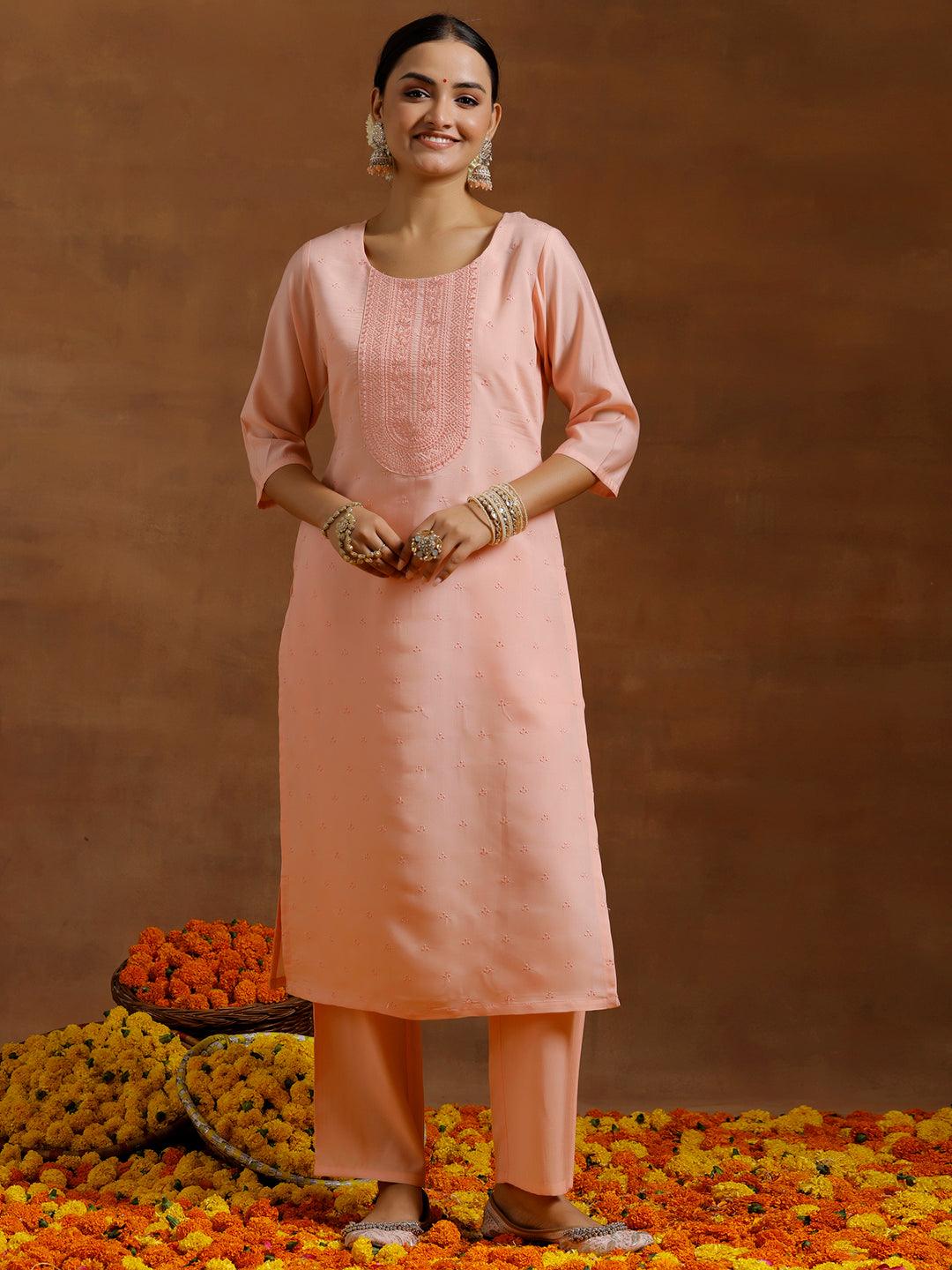 Peach Embroidered Silk Blend Straight Kurta Set - Jashvi