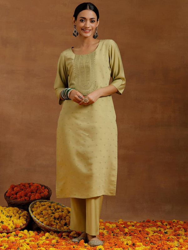 Olive Green Embroidered Silk Blend Straight Kurta Set - Jashvi