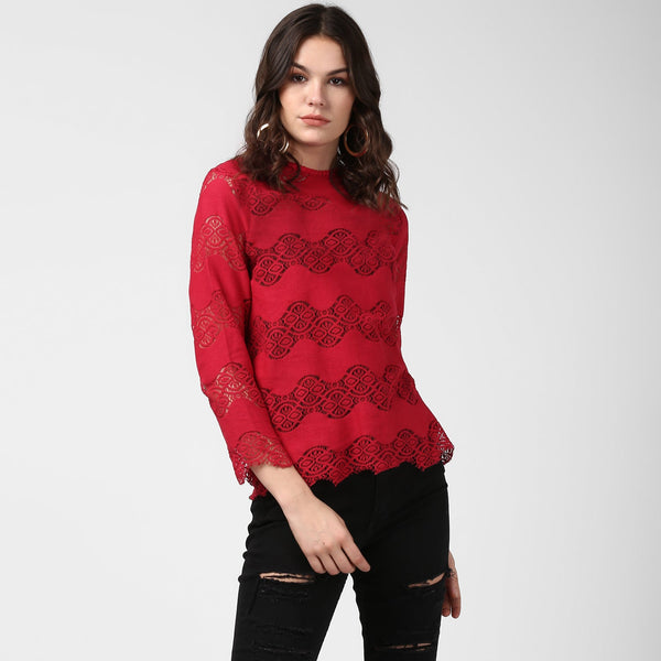 Women's Maroon Self Detail Lace Top - StyleStone