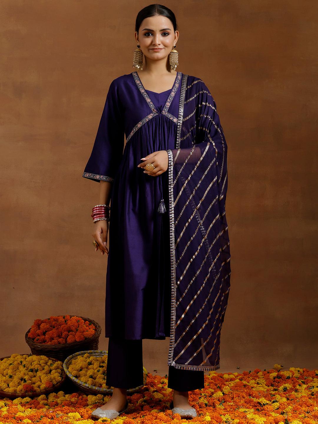 Purple Solid Silk Blend A-Line Kurta With Trousers & Dupatta - Jashvi