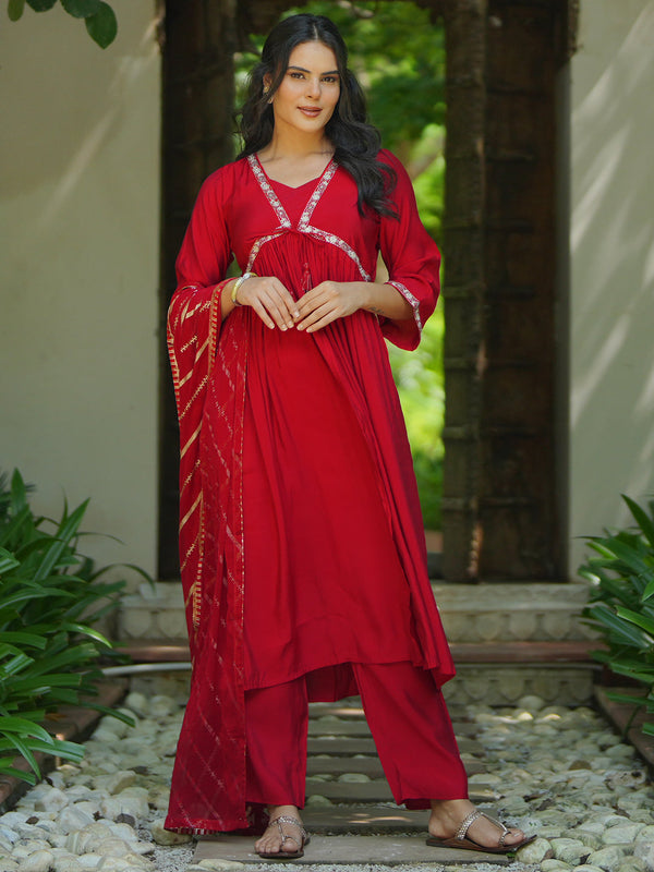 Red Solid Silk Blend A-Line Kurta With Trousers & Dupatta