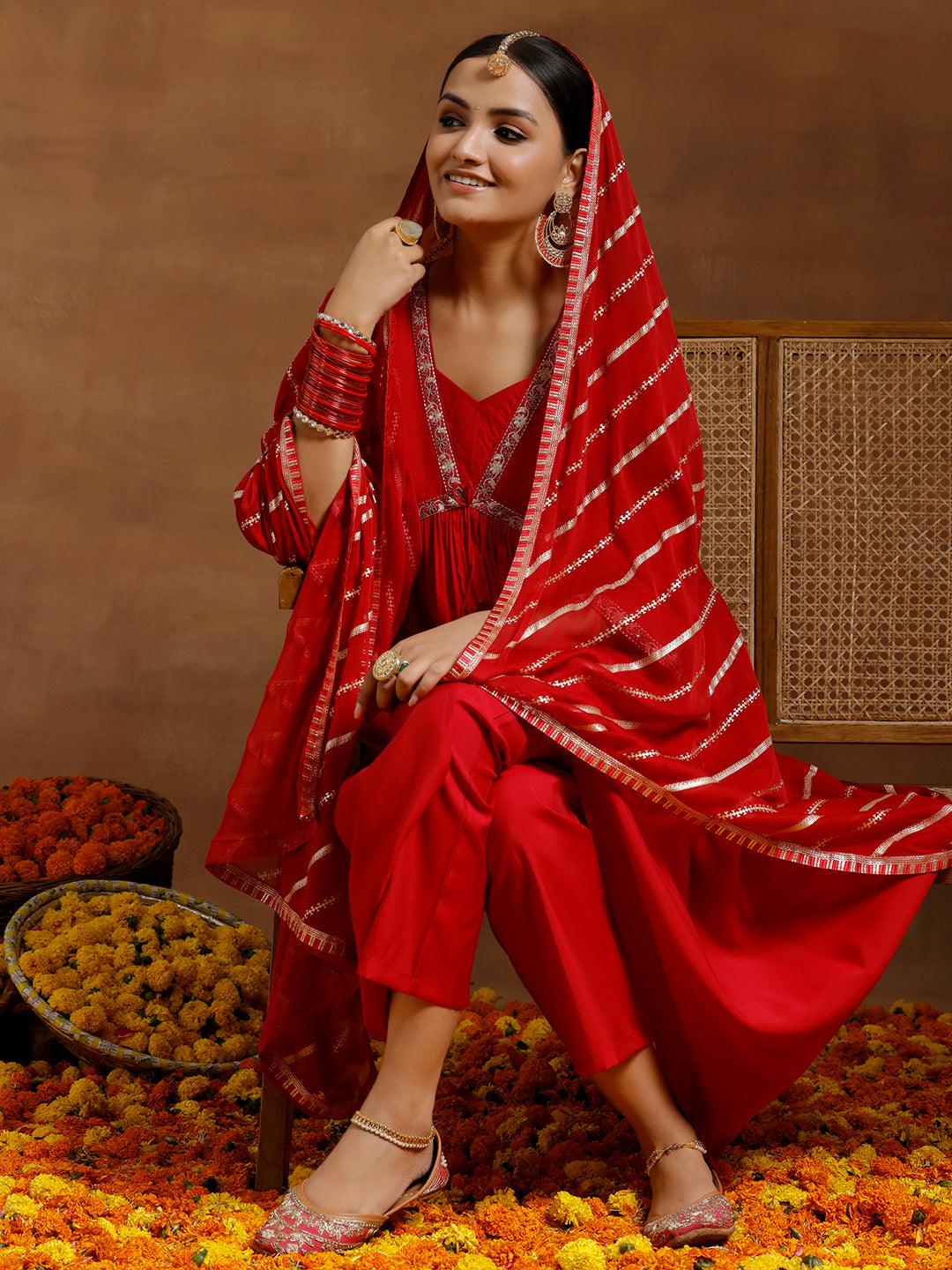 Red Solid Silk Blend A-Line Kurta With Trousers & Dupatta - Jashvi