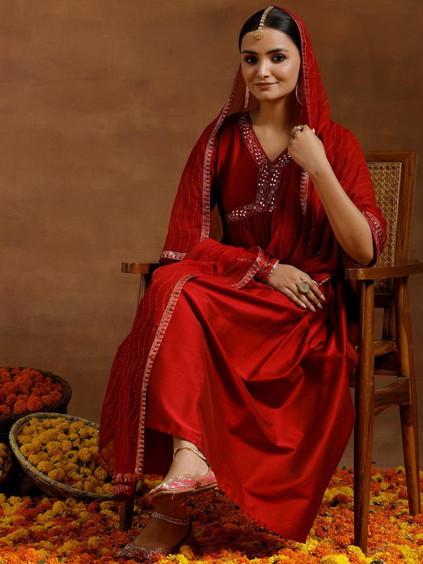 Red Solid Silk Blend A-Line Kurta With Trousers & Dupatta - Jashvi