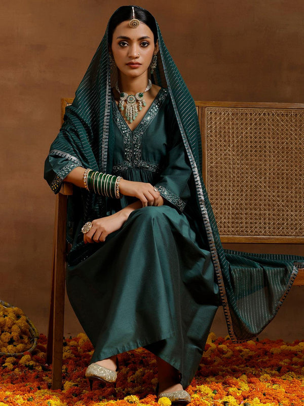 Green Solid Silk Blend A-Line Kurta With Trousers & Dupatta - Jashvi