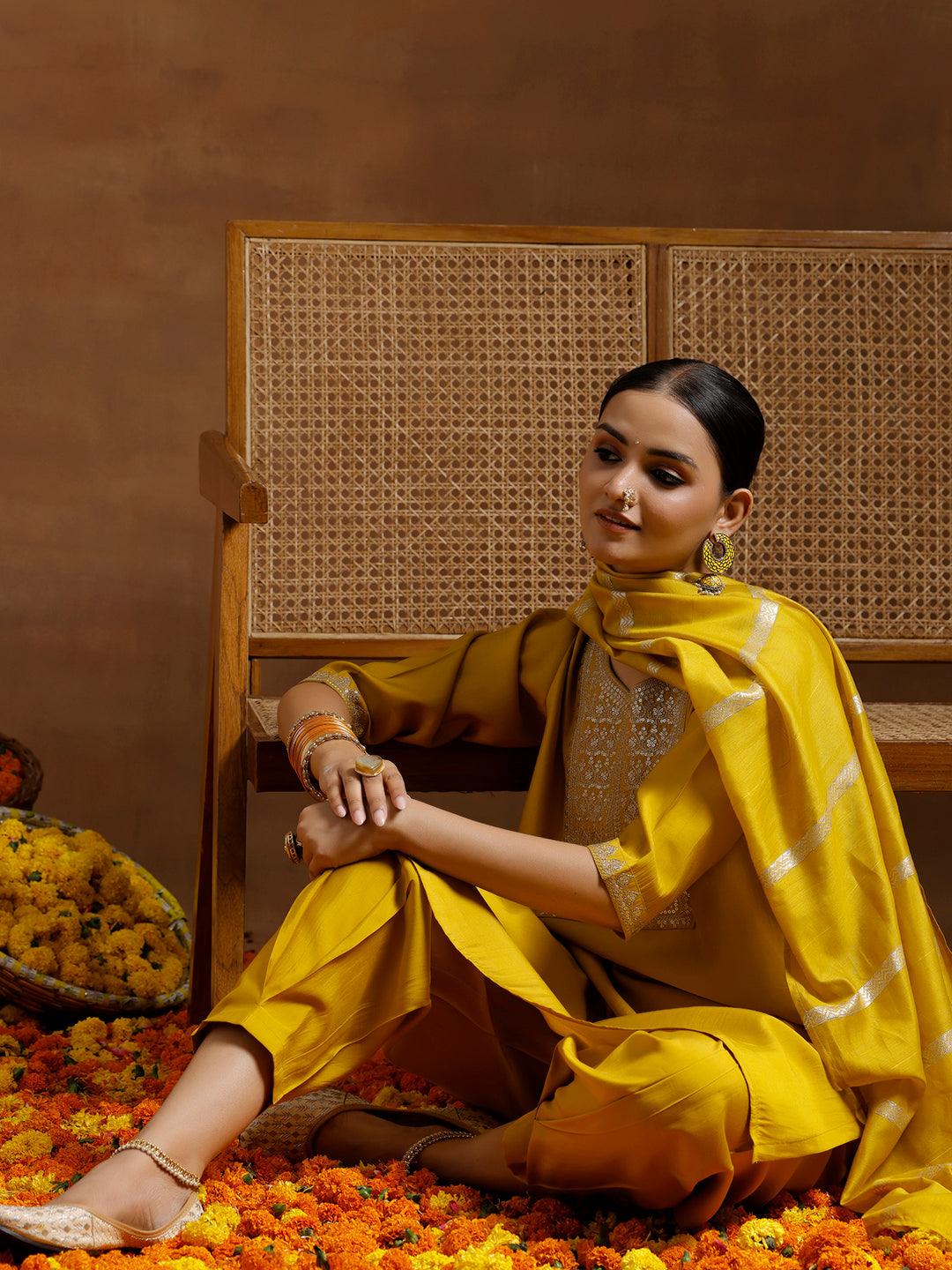 Yellow Yoke Design Silk Blend Straight Suit With Dupatta - Jashvi