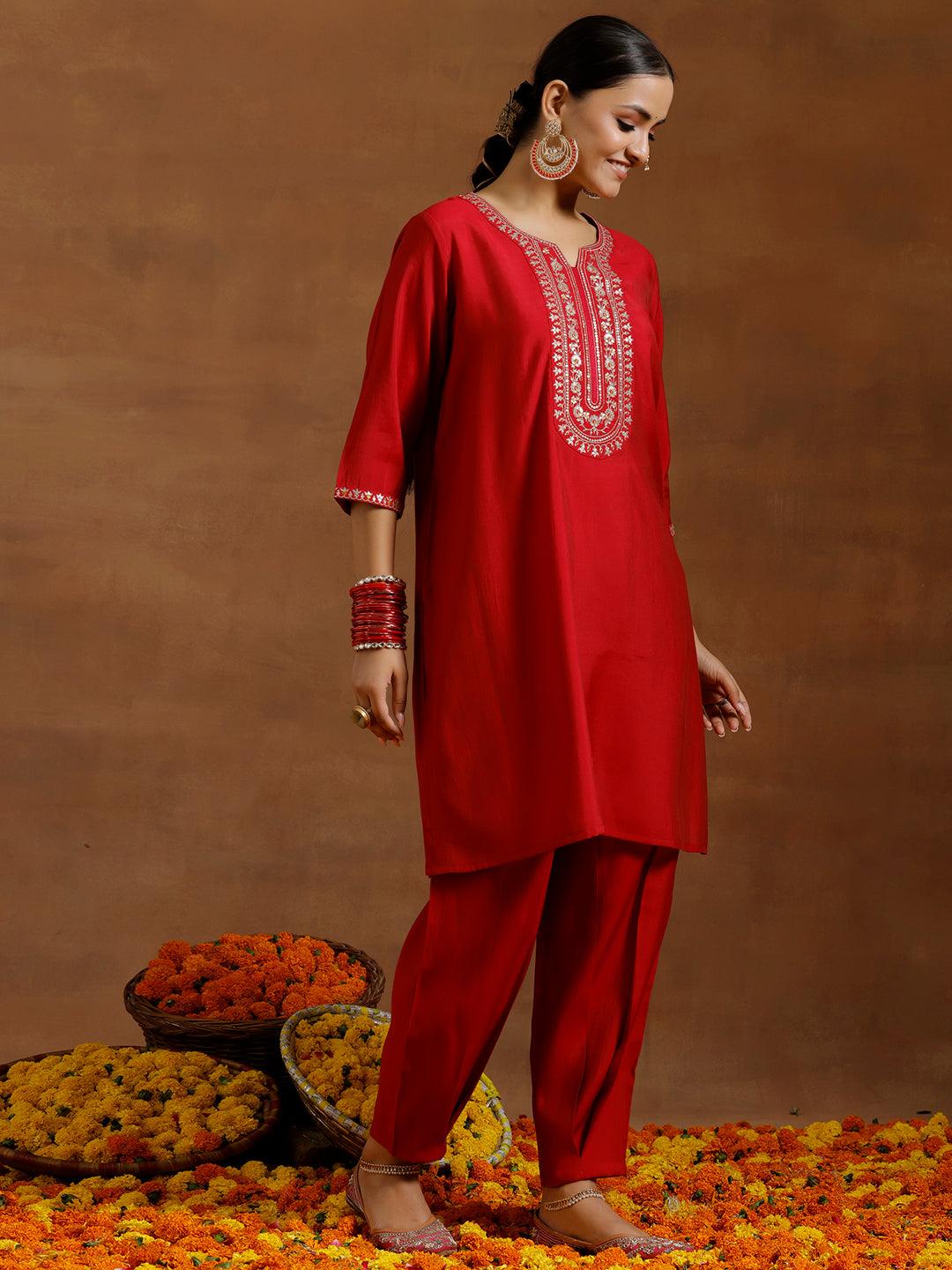 Red Yoke Design Silk Blend Straight Suit With Dupatta - Jashvi