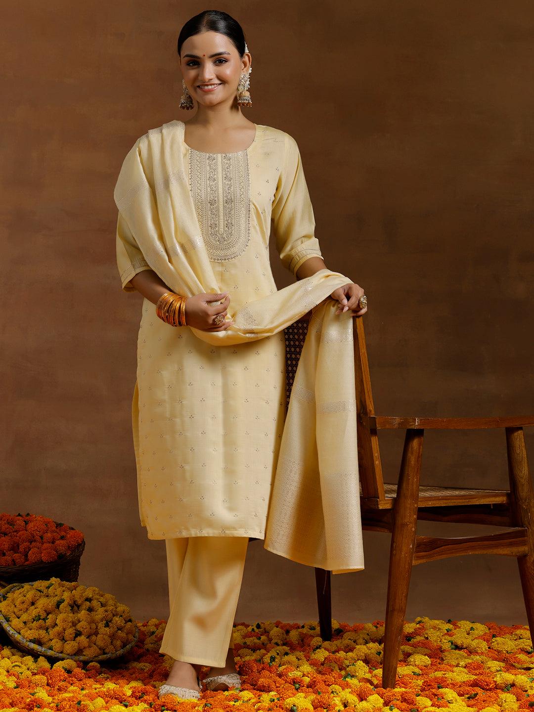 Lime Yellow Embroidered Silk Blend Straight Suit With Dupatta - Jashvi