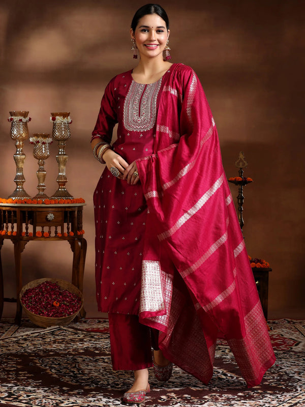 Pink Embroidered Silk Blend Straight Suit With Dupatta