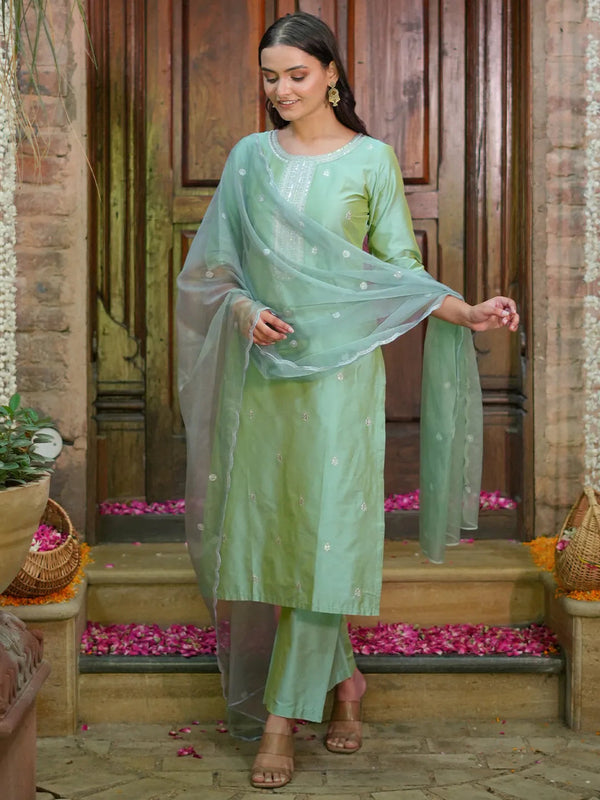 Light Green Embroidered Silk Blend Straight Suit With Dupatta