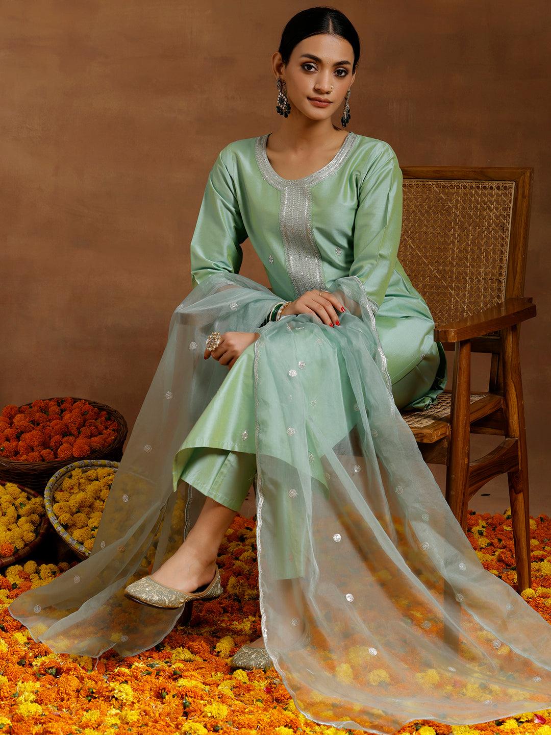 Light Green Embroidered Silk Blend Straight Suit With Dupatta - Jashvi