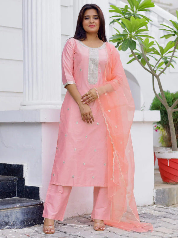 Light Pink Embroidered Silk Blend Straight Suit With Dupatta