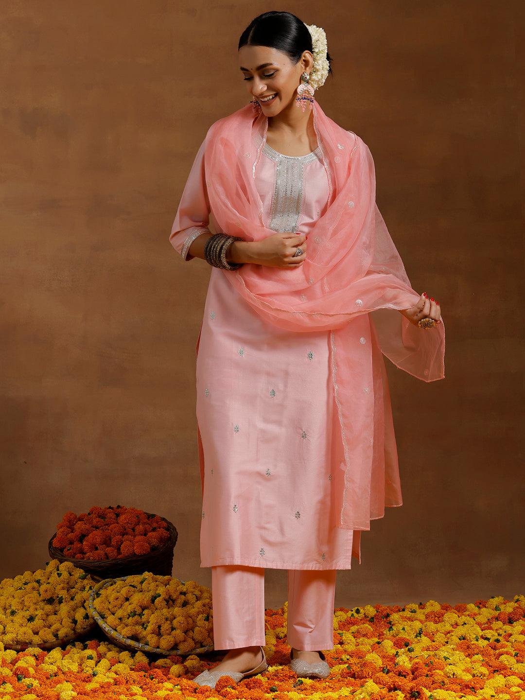 Light Pink Embroidered Silk Blend Straight Suit With Dupatta - Jashvi