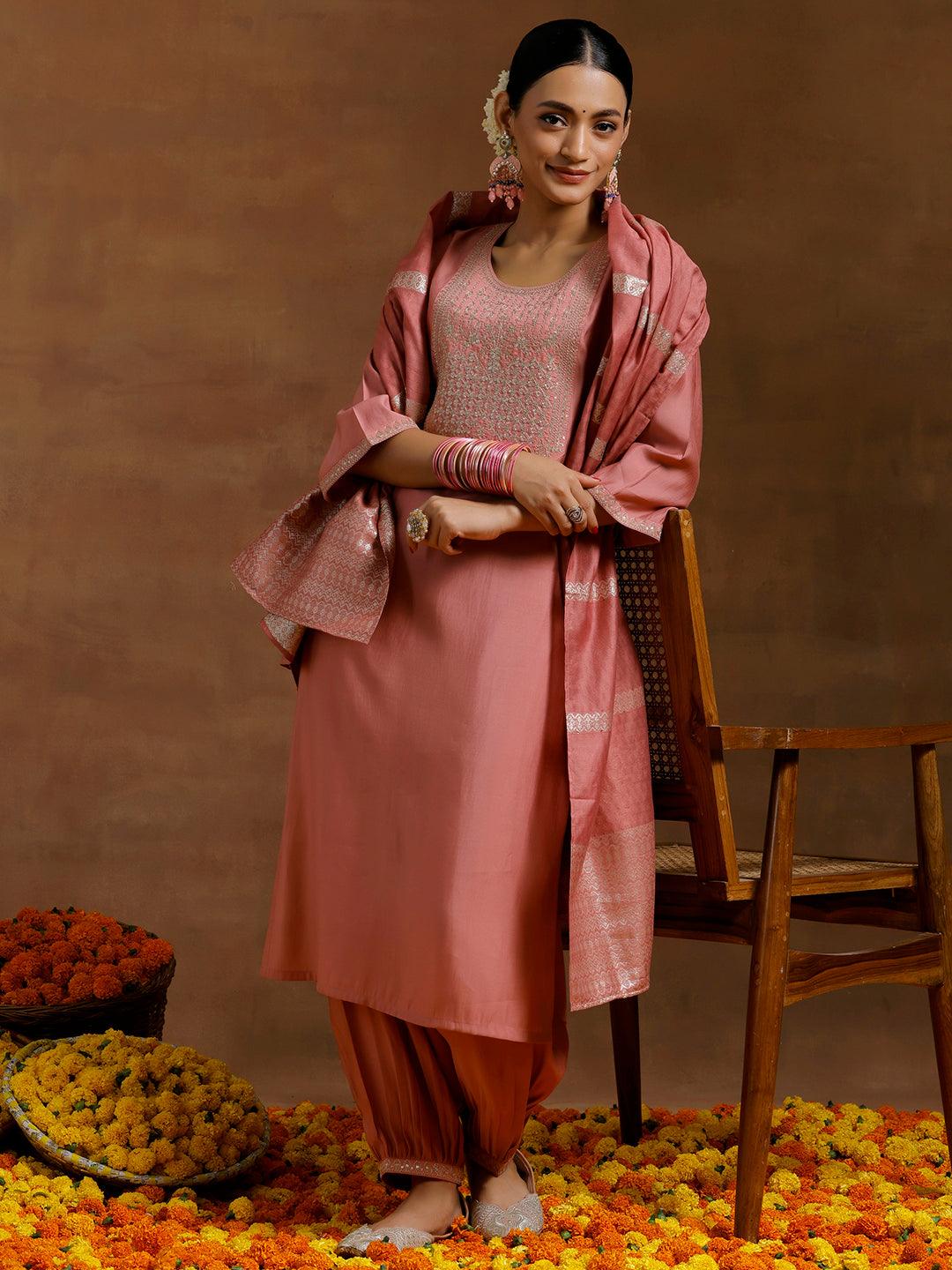 Peach Yoke Design Silk Blend Straight Suit With Dupatta - Jashvi