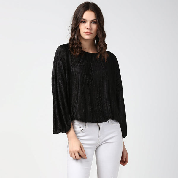 Women's Satin Black V Pleat Detail Top - StyleStone