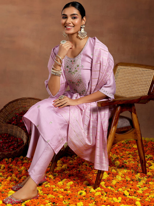 Lilac Embroidered Silk Blend Straight Suit With Dupatta