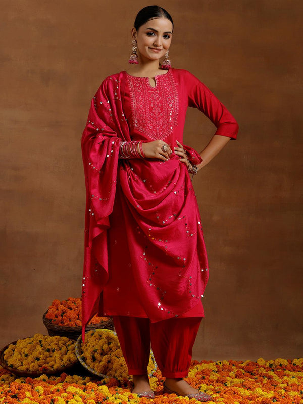 Pink Embroidered Silk Blend Straight Suit With Dupatta - Jashvi