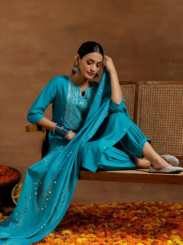 Teal Blue Embroidered Silk Blend Straight Suit With Dupatta - Jashvi