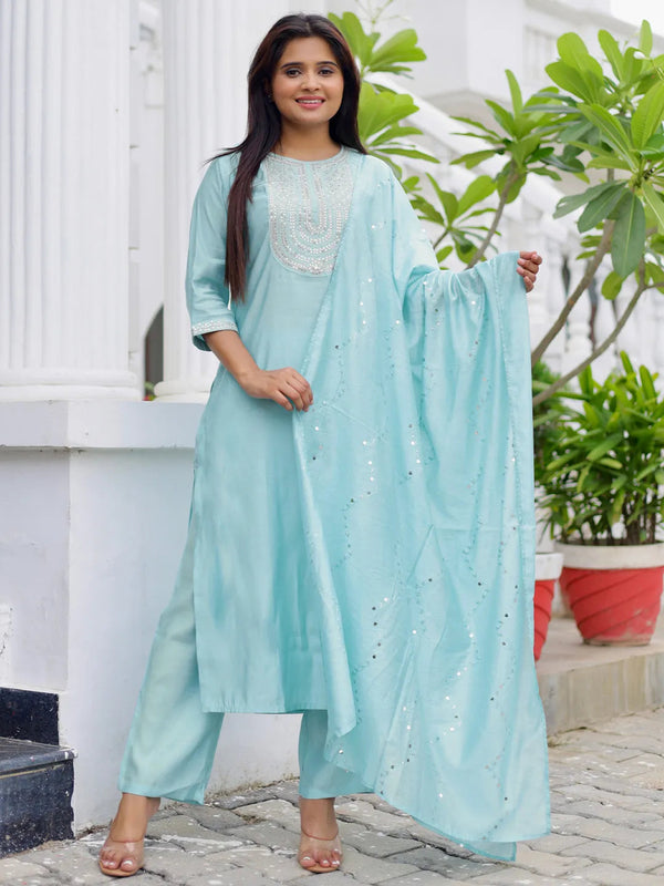 Blue Yoke Design Silk Blend Straight Suit With Dupatta