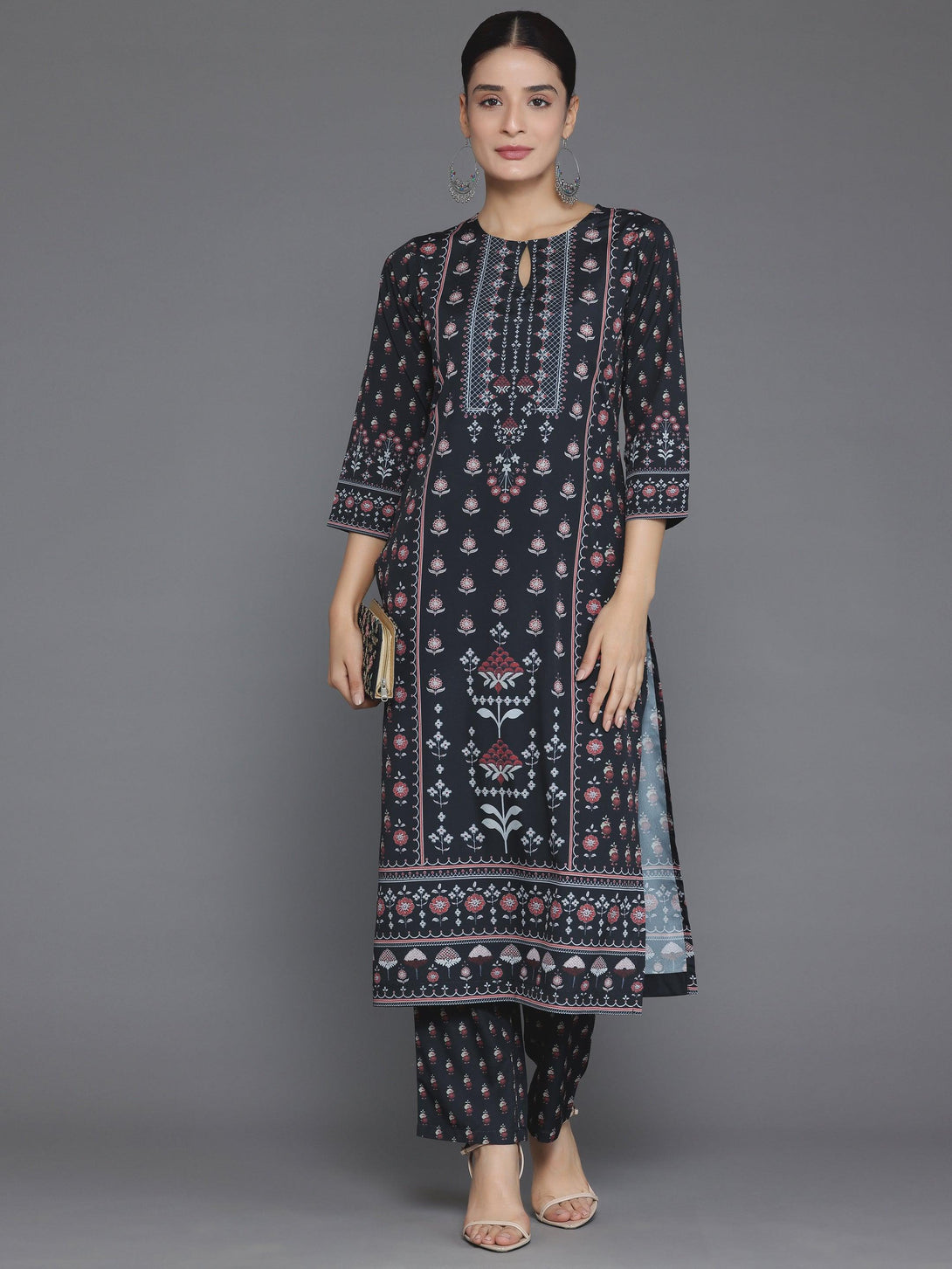 Black Printed Poly Crepe Straight Kurta Set - Jashvi