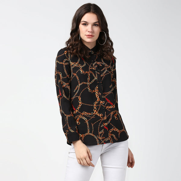 Women's Black and Yellow Chain Print Shirt - StyleStone