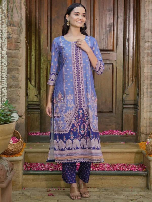 Blue Printed Crepe Straight Kurta Set