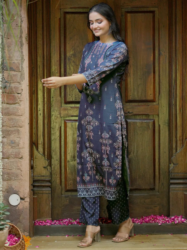 Grey Printed Crepe Straight Kurta Set