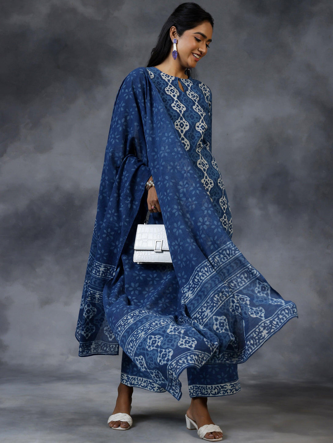 Blue Printed Cotton Straight Suit With Dupatta - Jashvi