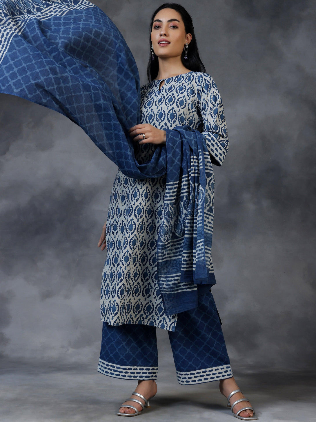 Blue Printed Cotton Straight Suit With Dupatta - Jashvi