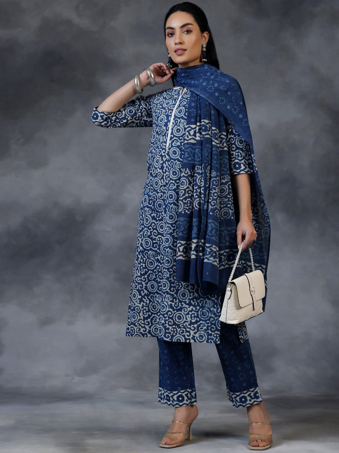 Blue Printed Cotton Straight Suit With Dupatta - Jashvi