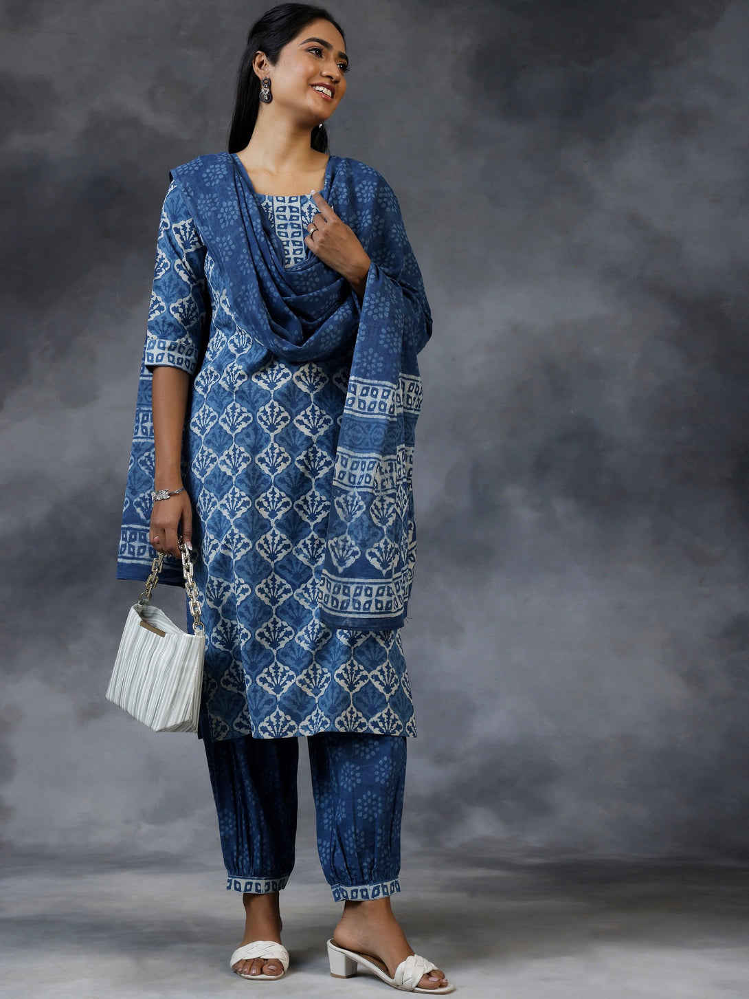 Blue Printed Cotton Straight Suit With Dupatta - Jashvi