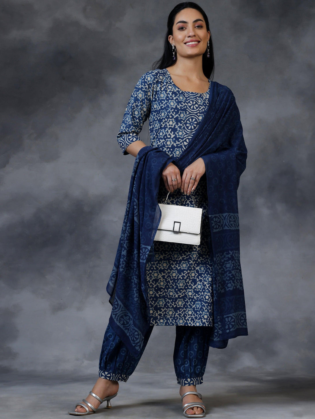 Blue Printed Cotton Straight Suit With Dupatta - Jashvi