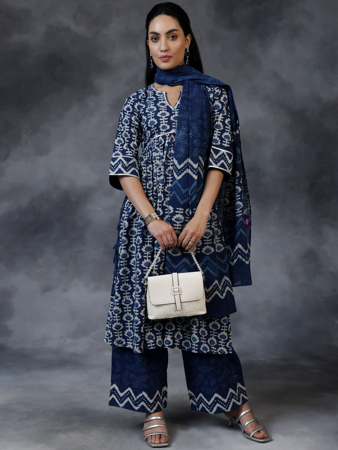 Blue Printed Cotton A-Line Kurta With Palazzos & Dupatta - Jashvi