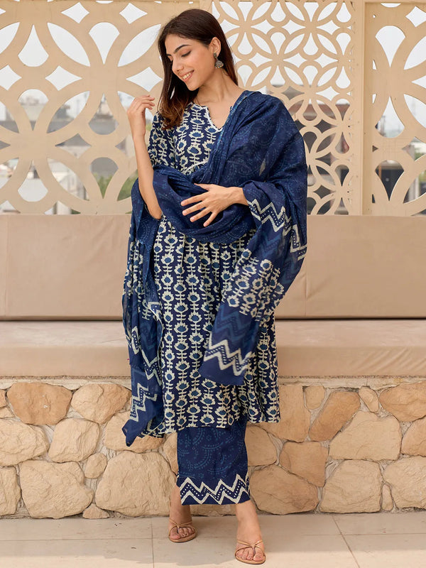 Blue Printed Cotton A-Line Kurta With Palazzos & Dupatta