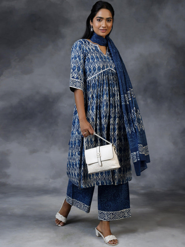 Blue Printed Cotton A-Line Kurta With Palazzos & Dupatta - Jashvi