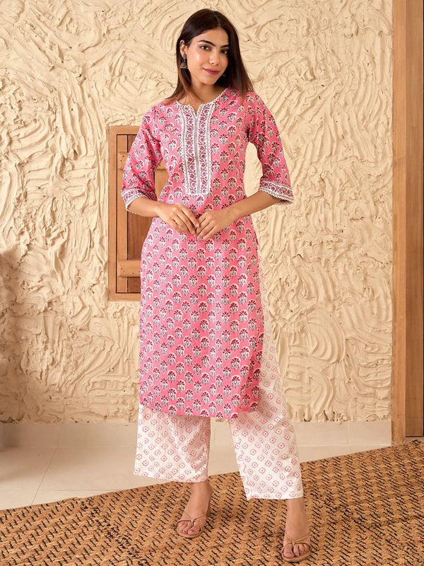 Peach Printed Cotton Straight Kurta With Palazzos